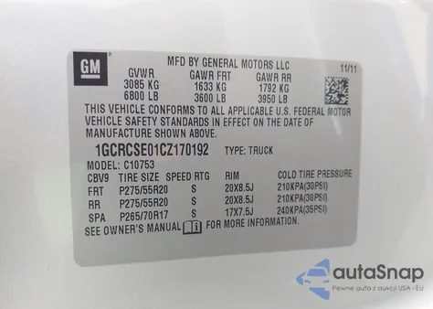 2012 Chevrolet Silverado 1500 Lt z USA, uszkodzony, nr VIN 1GCRCSE01CZ170192